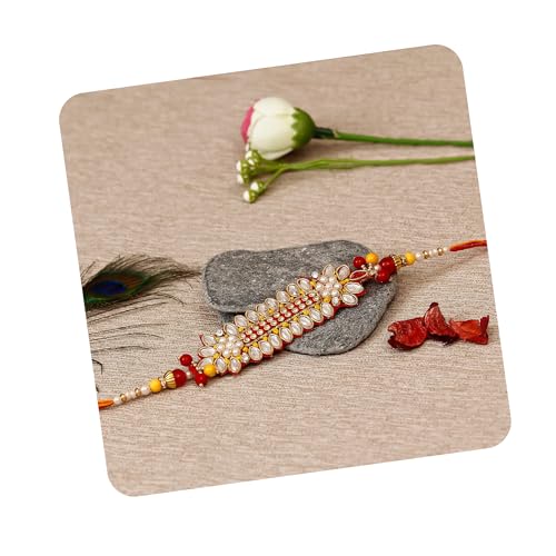 Image of eCraftIndia Set of 5 Multicolor Beads Pearls Diamond Rudraksha Rakhis for Brother Bhaiya Bhai | Roli Chawal Pack | Raksha Bandhan Rakhi
