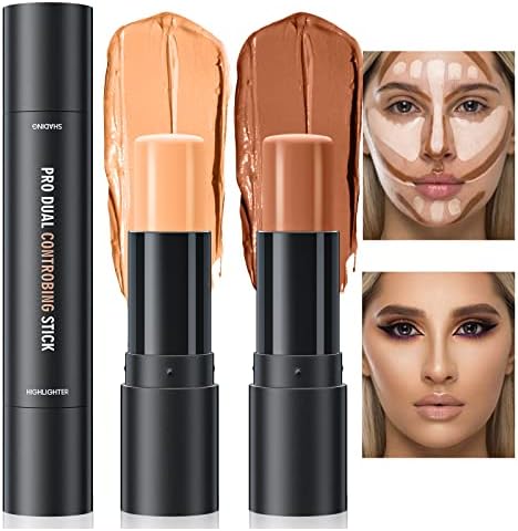Double-End Highlighter Contour Stick, Cream Contour Stick Makeup Highlighter Stick, Professional Long-Lasting & Waterproof Face Body Contour Makeup Bronzer Stick (03#Natural Color+Medium Coffee)
