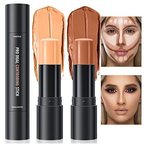 Double-End Highlighter Contour Stick, Cream Contour Stick Makeup Highlighter Stick, Professional Long-Lasting & Waterproof Face Body Contour Makeup Bronzer Stick (03#Natural Color+Medium Coffee) #TOP23