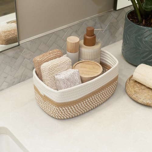 Image of 100% Natural Jute small box mini rope paper storage Round hamper baby nursery tray bucket for Living Kitchen, Office, Drawing Room,fruits, kitchen, office, Set of 3 (white beige 3 set)