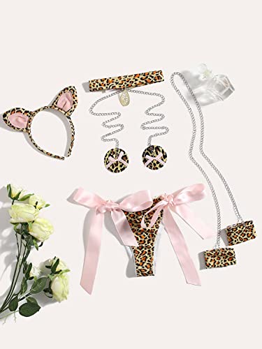 Wdirara Women's 4 Pieces Leopard Print Chain Strap Bow Lingerie Costume Set Multicolored One-Size #TOP4