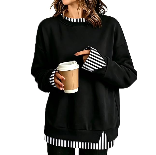 Women Striped Fake Two Piece Crew Neck Long Sleeves 2 in 1 Pullover Tops - image 1