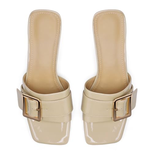 Image of Women's Slide Heeled Sandals Opened Square Toe Chunky Block Heel Slippers with Buckle Slip on Casual Comfortable Pumps