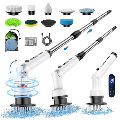 Brosse Nettoyage Electrique Rotative, Brosse de Nettoyage Electrique Brosse Nettoyage Salle de Bain avec 37-140CM Ajustable et 8 TêTes 3 Vitesse Brosse Nettoyage pour Salle De Bain,Voiture