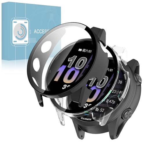 �y2���g�zFor Garmin Forerunner 970�p �P�[�X �K���X�t�B���� ��̌^ Forerunner 970�ی�J�o�[ �S�ʕی� �����K���X �ϏՌ� �����ߗ� �w��h�~ �X�}�[�g�E�H�b�`�P�[�X�i�u���b�N+�N���A)
