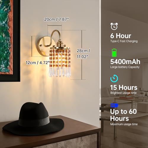 Image of Shenmoyl Set of 2 Crystal Battery Operated Wall Sconce, Rechargeable Battery Powered Wall Lamp with Remote Control, Modern Dimmable Wall Lights for Bedroom Bathroom(Tawny, Gold Base)