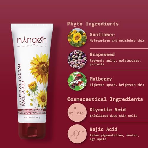 Ningen Sunflower De-tan Scrub I Infused with Grapeseed, Mulberry & Walnut I Dermatologically Tested, Paraben Free I Moisturizes, Exfoliates and Removes Tan I 100g, White - Image 2 thumbnail