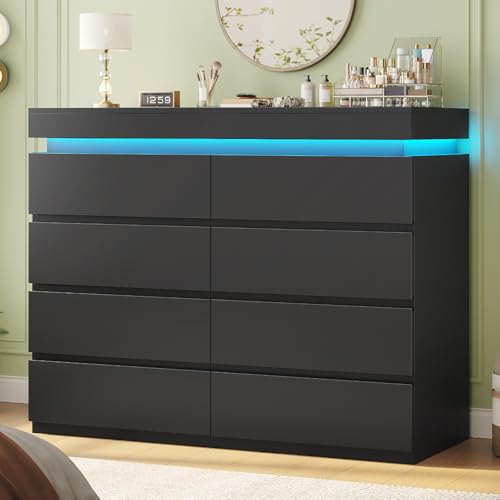 HAUOMS 8 Drawer Dresser with LED Light, Black Modern Chest