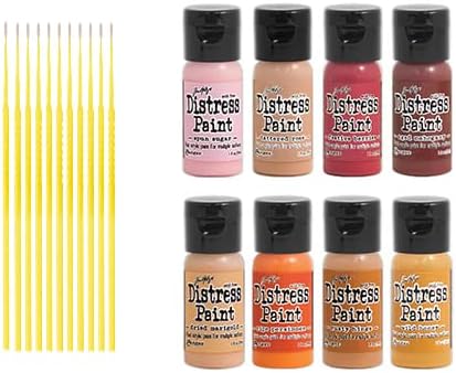Ranger Tim Holtz Distress Paint Bundles Sets 1 and 2 - Spun Sugar, Tattered Rose, Festive Berries, and Aged Mahogany. Assortment 2 features Dried Marigold, Ripe Persimmon, Rusty Hinge, and Wild Honey - with Trebbies Detail Sticks