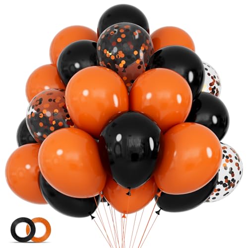 68Pcs Black and Orange Balloons Halloween Balloon 12 inch Confetti Ballons Orange Latex Balloon Set with Ribbons for Birthday Halloween Graduation Spooky Party Decorations.