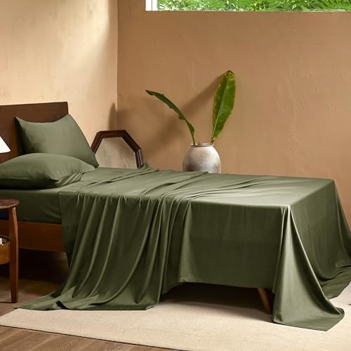 Image of EVERLY Queen Sheets Set,Luxuriously 400 Thread Count Organic Viscose Derived from Bamboo Bed Sheet,Cooling Sheets for Queen Size 4 Piece Deep Pockets Bedding Sheets &Pillowcases-Olive Green