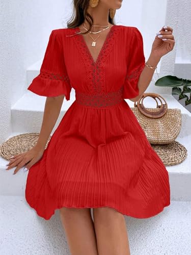Image of Womens Summer Dresses V-Neck Lace Insert Flounce Casual Lightweight Sleeve Midi Dresses for Women 2025 Trendy