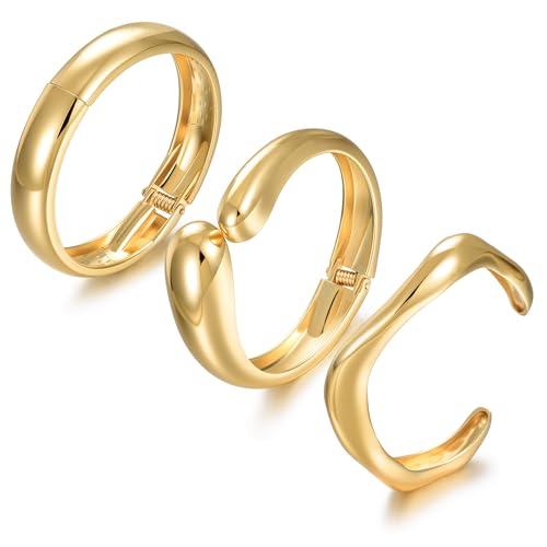 Image of Chunky Gold Bangle Bracelets for Women, Dainty 14k Gold Plated Big Stackable Bangles Set, Trendy Statement Cuff Bracelet Stack Fashion Jewelry Gifts