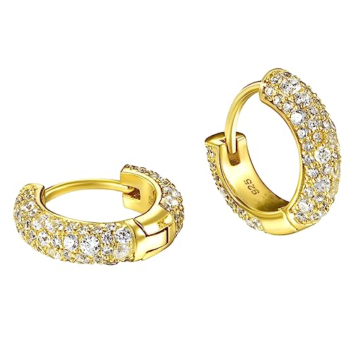 Yellow Gold Plated 925 Sterling Silver Hoop Earrings Flower Set 3d Fully Iced Cubic Zirconia CZ 12mm Unisex Ice Out Huggie Small Sparkle Silver Hoop Earrings Fine Jewelry Birthday Gifts for Men,Women2
