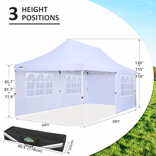 Image of COBIZI 10x20 Pop Up Canopy with 4 Sidewalls, Conical Party Tent 10x20 with 3 Adjustable Height Waterproof, UV-Resistant with Carry Bag, Sandbag, Stake, Ropes for Parties, Commercial (Frame Upgraded)