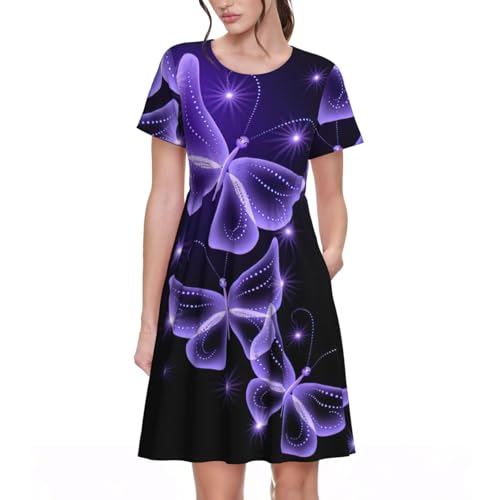 Robe d'été décontractée violette à motif papillon et col rond pour femme