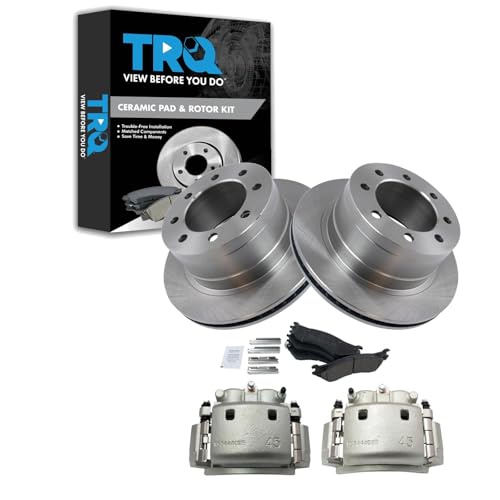 Image of TRQ Rear Brake Pad, Caliper, & Rotor Kit Ceramic Vented Compatible with 2006-2008 Dodge Ram 1500 2003-2008 Ram 2500, 3500