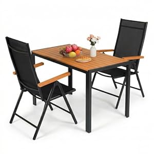 LIFERUN 3-Teiliges Gartenmöbel Set, Aluminium Balkonmöbel Set, 2pcs Verstellbare Hochlehner Klappstühle +110x70cm WPC Wetterfest Rechteckiger Terrassentisch, Essgruppe Sitzgruppe Outdoor, Teakbraun