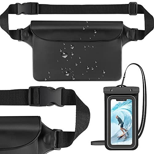 [2 Pack] VEGO Waterproof Pouch with Adjustable Waist Strap, Universal Floating Waterproof Phone Pouch for iPhone 13 12 11 Pro XR Xs 8 7 Galaxy S22 S21 S10 Note 10 up to 7" - Black+Black