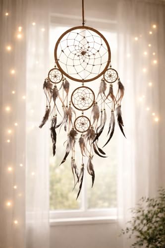 OMA Dream Catcher Wall Hanging with Tiger Eye Stones and Feathers, Brown Suede Traditional Dream Catcher Boho Home Decor Bedroom Decoration Gift Large Size - 28" Long x 9" Diameter - Image 5