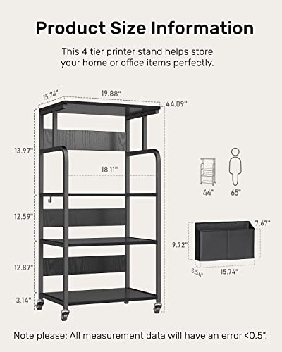 Gizoon Home Office Printer Stand With Storage, 4 Tier Large Tall Printer Shelf Cart W/Lockabel Rolling Wheels, Versatile - Black #TOP1