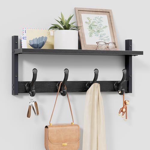 Image of Tatub 20 inch Rustic Coat Rack Wall Mount with Shelf, Wall Hooks with Shelf, Heavy Duty Entryway Organizer Hangers for Hanging, Hat, Bag, Jacket for Bathroom, Living Room, Bedroom, Black