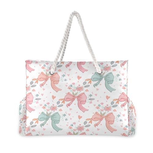 Cute Bow Tie Beach Tote Bag for Women Large Pool Bags Carry On Bag With Wet Compartment for Beach Travel with Pocket Zipper Outdoor Tote Bag2