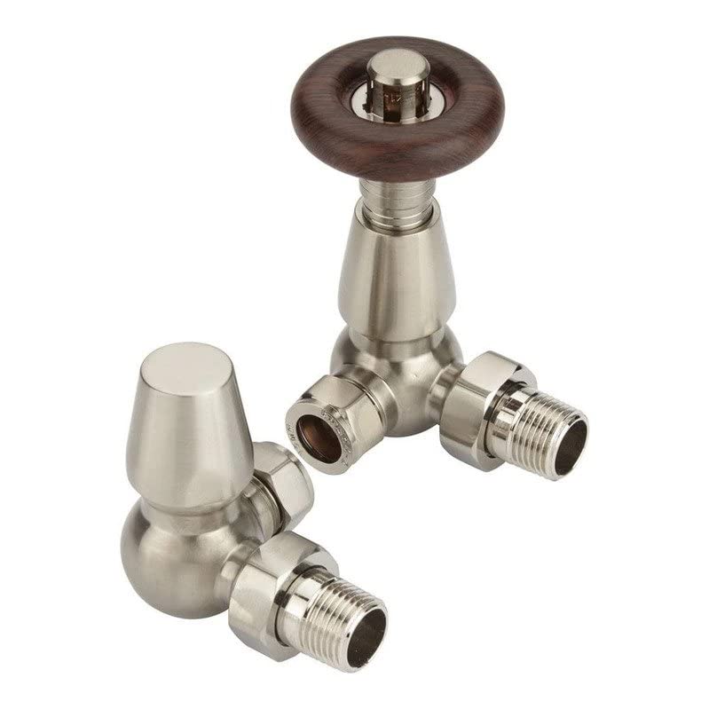 Excel Home Thermostatic Corner Radiator Valves - Traditional Design 1/2" x 15mm Metal Head Radiator Valves (Satin Nickel)