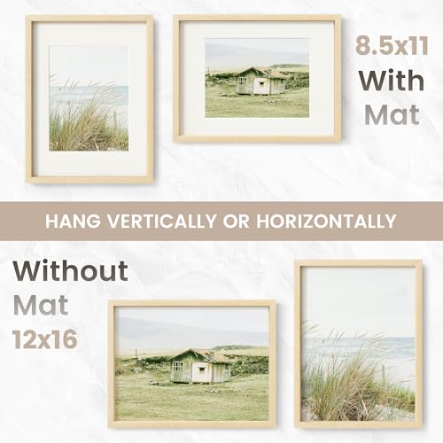 Image of 12x16 Picture Frame, USA-Sourced Natural Maple Wood Photo Collage Frame with HD Tempered Glass, Modern Simple 12 x 16 Wooden Frame Matted to 8.5x11, Vertical & Horizontal Wall Hanging Display