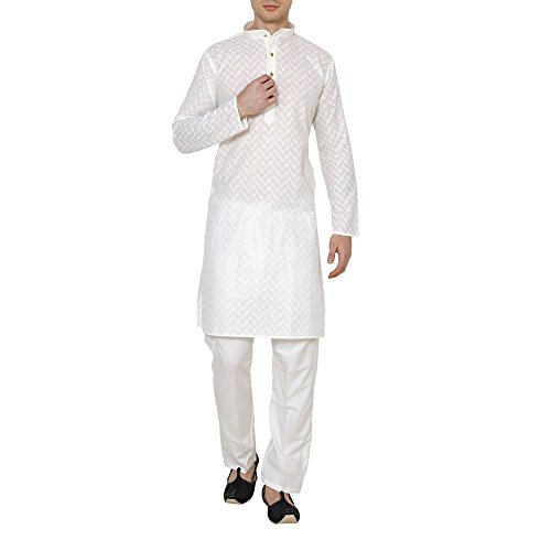 Image of Royal Kurta Men's Lucknowi Chikan Embroidered 100% Cotton Comfortable Kurta Churidar Pyjama Set