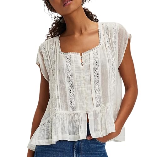 Women Y2k Semi Sheer Blouse Shirt Lace Trim Button Down Short Sleeve Round Neck Casual Going Out Tops Streetwear