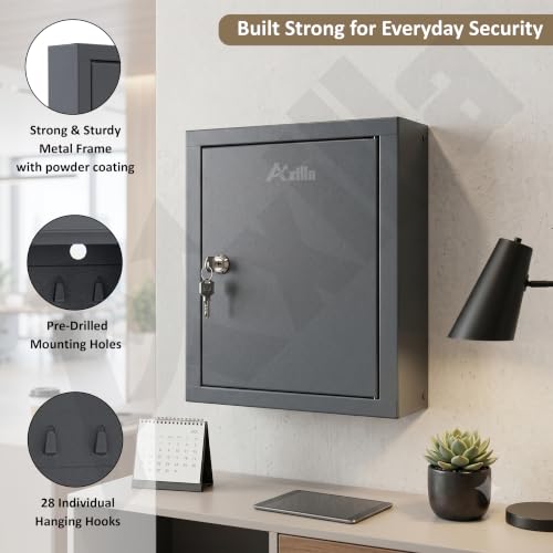 Image of Key Holder Box with 28 Hooks | GI Steel Lockable Key Cabinet for Wall Mount | Key Storage Box with Lock & Key for Home, Office, Hotel, Shop & School (Grey)