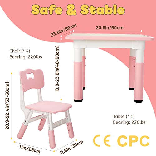Image of FUNLIO Kids Table and 4 Chairs Set, Height Adjustable Toddler Table and Chair Set for Ages 3-8, Easy to Wipe Arts & Crafts Table, for Classrooms /Daycares /Homes, CPC & CE Approved (5-Piece Set) - Pink