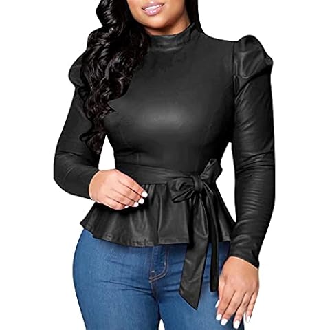 SEMATOMALA Women's Faux Leather Puff Sleeve Self Tie Waist Peplum Top PU Pleather Mock Neck Slim Fit Ruffle Knot Blouse Shirt BL-XL Black Cover