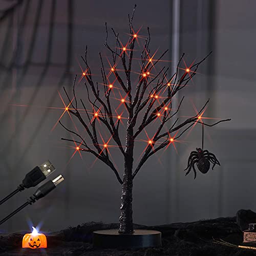 Fudios Black Halloween Tree With Lights 24 Led Orange With Timer, Lighted Tabletop Glittered Spooky Tree Artificial 18In For Witch Home Decor Battery Operated Or Usb Plug #TOP1