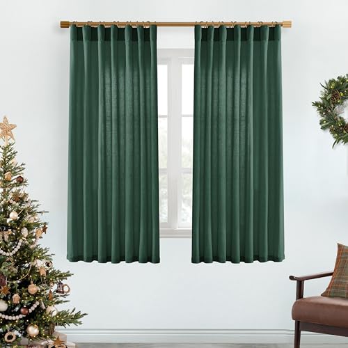 Image of XTMYI Dark Green Curtains for Bathroom Set Decor,Linen Sheer Leaf Green Boho Curtains for Kitchen 63 Inch Length 2 Panels,Deep Pine