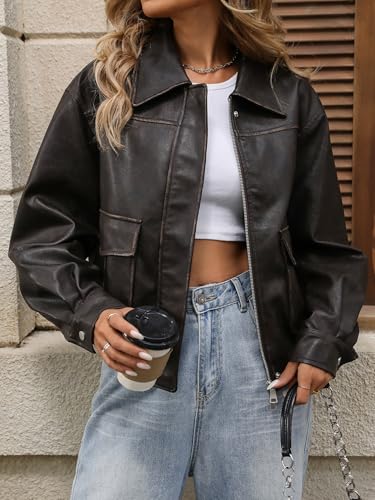 LY VAREY LIN Women Faux Leather Bomber Jacket Distressed Button Front Aviator Biker Coat3