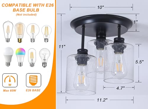 winsmart Semi Flush Mount Ceiling Light, Matte Black Kitchen Light Fixtures Ceiling Mount with Seeded Glass Shades, 3-Light Close to Ceiling Light Fixtures for Kitchen Hallway Foyer Dining Room.