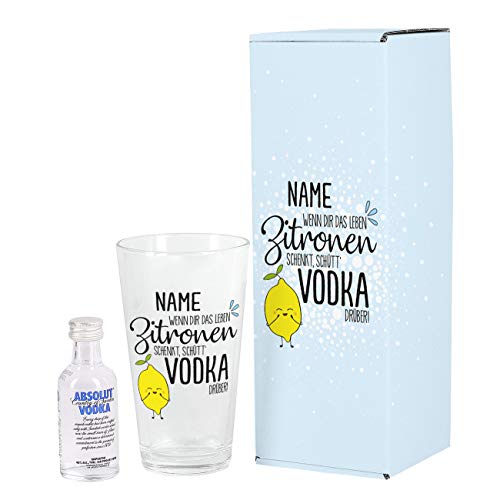 Herz & Heim® Miniatur Absolut Vodka Geschenk-Set - Wenn Dir das Leben Zitronen schenkt, schütt Vodka drüber - mit Mini Vodka und bedrucktem Longdrinkglas
