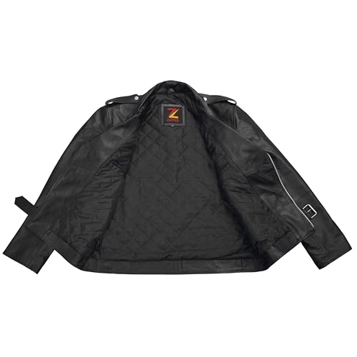 Image of Motorcycle Leather Jacket With Belt Motorbike Biker Classic Rider Rocker Made of Black Genuine Cowhide Leather