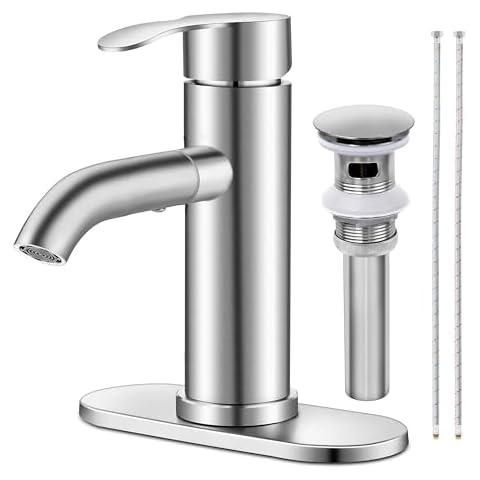 Herogo Bathroom Sink Faucet with Rotating Spout, Brushed Nickel Single Handle Bathroom Faucet with Pop-up Drain & Hooks, 18/10 Stainless Steel Vanity Faucet with Deck Plate for 1 or 3 Hole Sink Cover