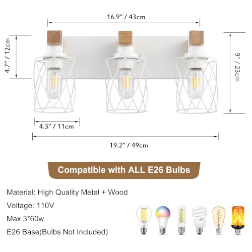 Image of Farmhouse 3-Light Wood Bathroom Vanity Light, White Metal Cage Shade | Mounted Over Mirror, Industrial Rustic Style, Ideal for Bathroom, Bedroom, Hallway & Living Room, Easy To Install