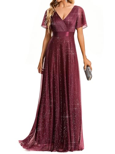 Image of Ever-Pretty Women's Summer Glitter Formal Dresses Evening Gown V Neck Short Sleeves Floor Length Mother of Bride Dress 50159