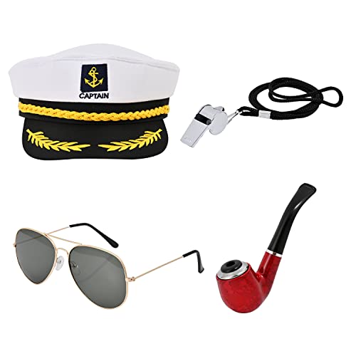Jomnvo 4 piezas de yate capitán sombrero accesorios de disfraz conjunto ajustable capitán sombrero vintage gafas de sol de madera pipa silbato Cover