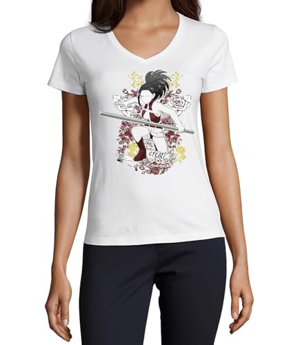T-shirt femme Anime 118 col en V en coton blanc premium
