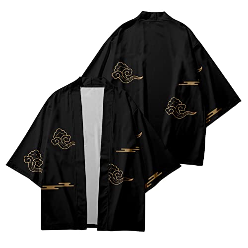 Image of DOSLAVIDA Men's Japanese Kimono Jacket Set Stylish Open Front Coat With Shorts Chinese Style Printed Cardigan Suit