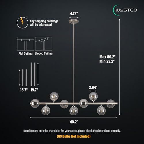 Wystco Mid Century Modern Globe Sputnik Chandelier, 9-Light Linear Chandeliers for Dining Room and Kitchen Island, Dining Light Fixture Over Table, Nickel and Smoke Grey Glass Bubble, 40 Inch by Wystco - Image 6