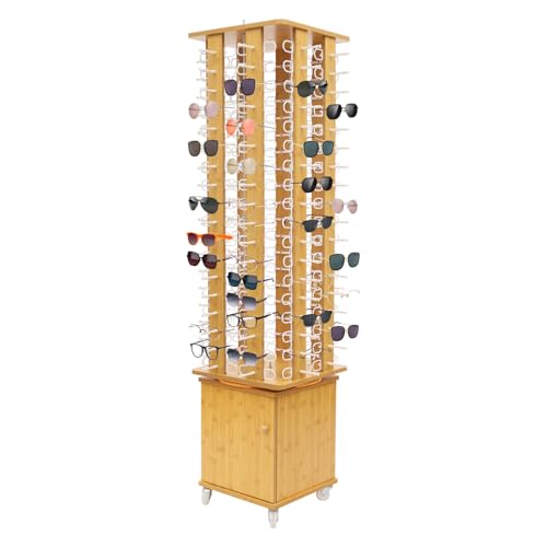HAPPCUCOE 360° Rotating Sunglasses Retail Display Rack,144 Pairs Floor Standing Eyeglass Holder, 4-Sided Eyeglass Display Rack with Storage Cabinet and 4 Swivel Wheels (Wood Color)