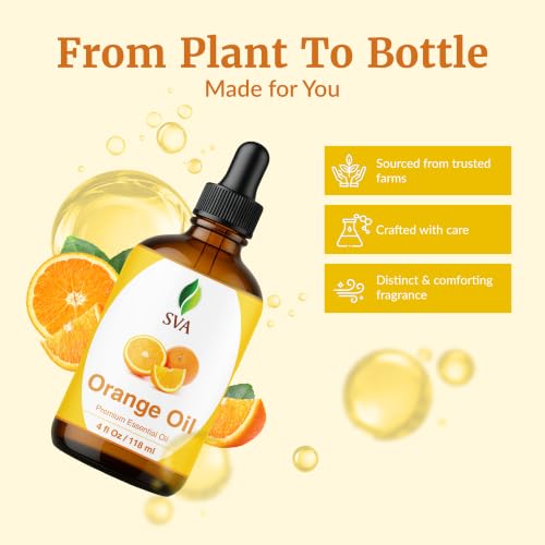Image of SVA Orange Essential Oil 4 Fl Oz - for Diffuser, Skin & Hair Care - Ideal for Massage & DIY Blends - with Dropper