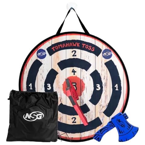 NSG Tomahawk Toss - Foam Axe Throwing Game for Kids - Two Lightweight Axes with Large Easy Stick Target, Wood/Black/red/Blue (JS7000) Cover